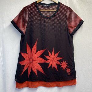 Nu Mode Lined Semi-Sheer Chiffon Short Sleeve Blouse Women Large Black/Orange